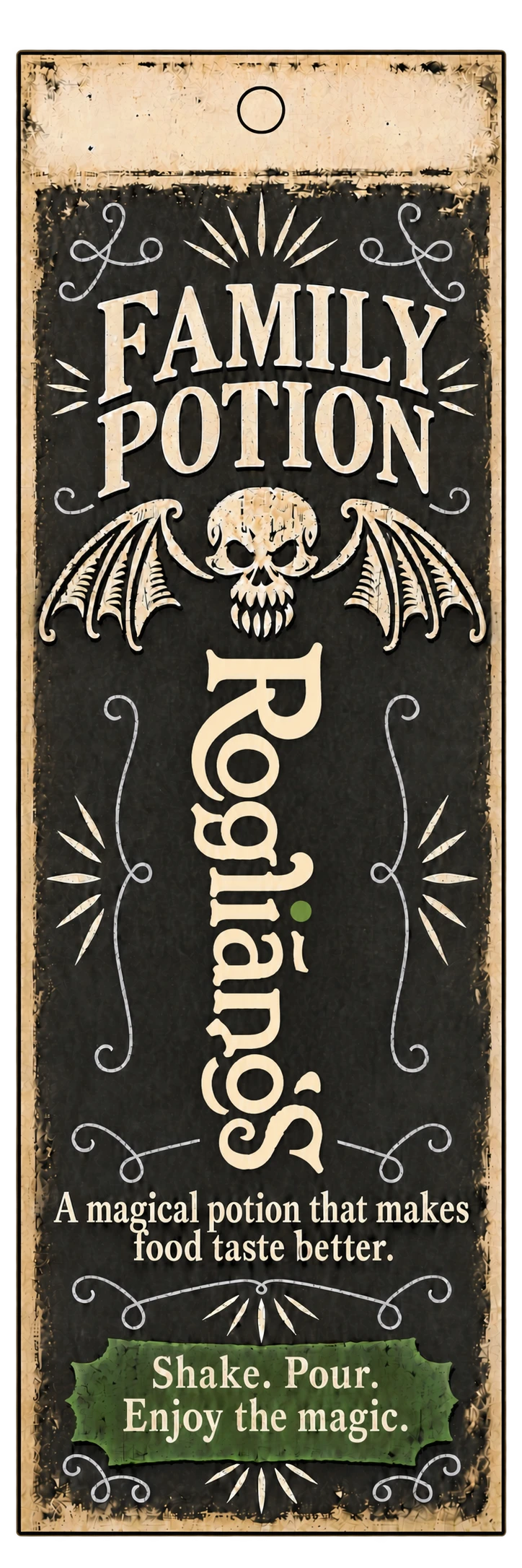 Rustic Family Potion tag with Rogliano’s lettering and a winged skull.