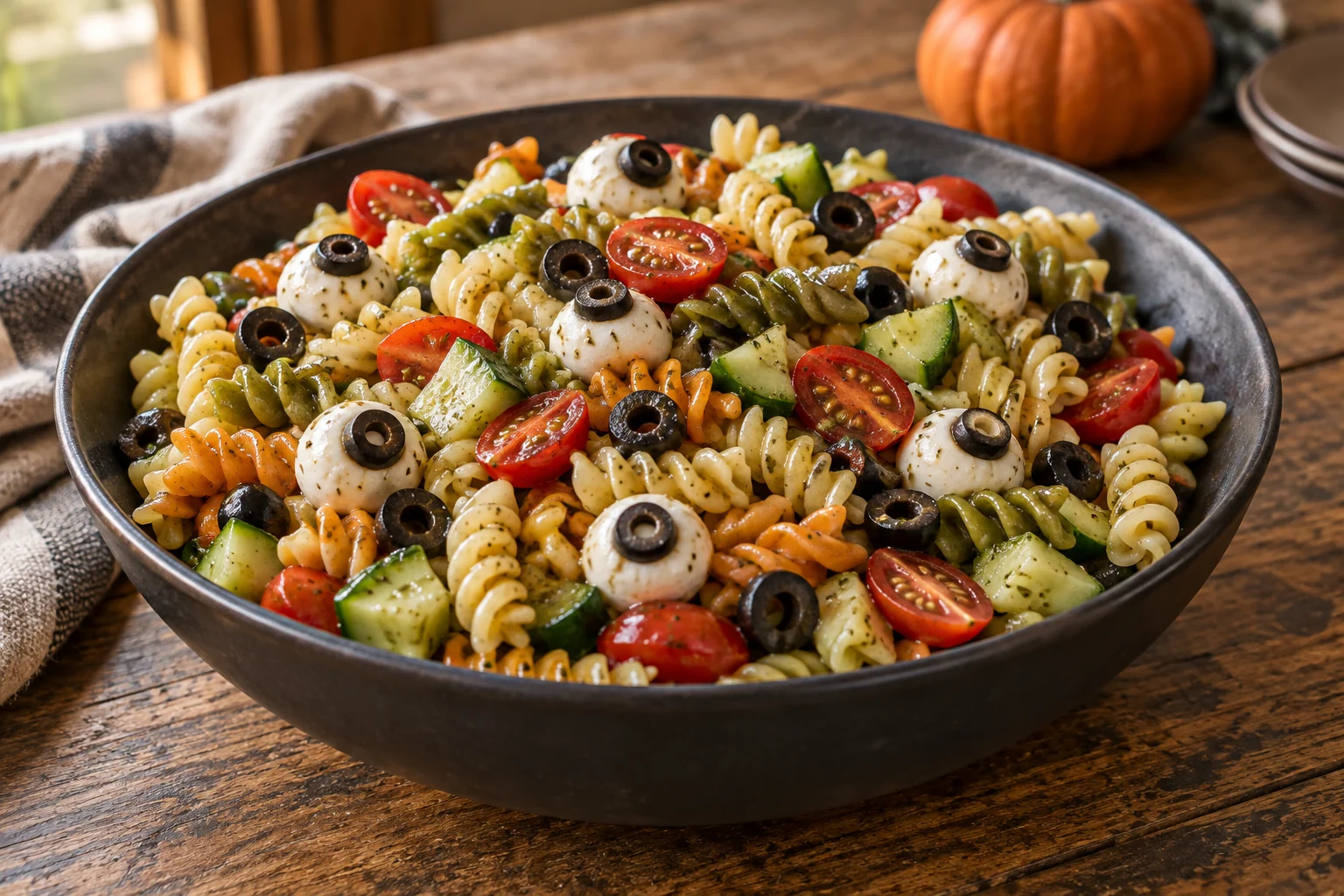 Tri-color rotini, cucumber, tomatoes and olives with mozzarella-and-olive Halloween eyes, in a charcoal serving bowl.