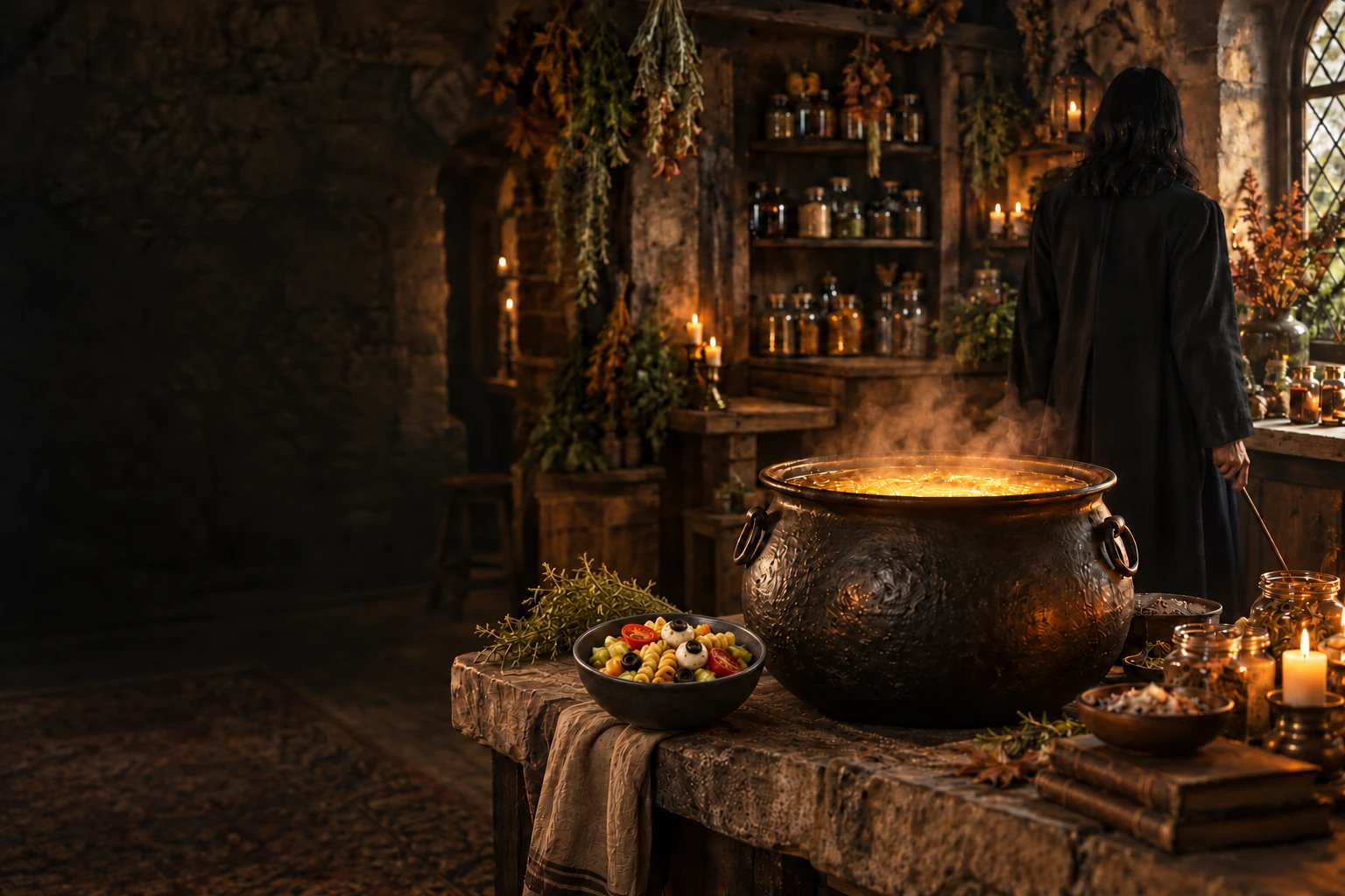 A long-haired potion master seen from behind beside a steaming cauldron, with two Halloween Rogliano’s bottles and monster pasta salad on the table.