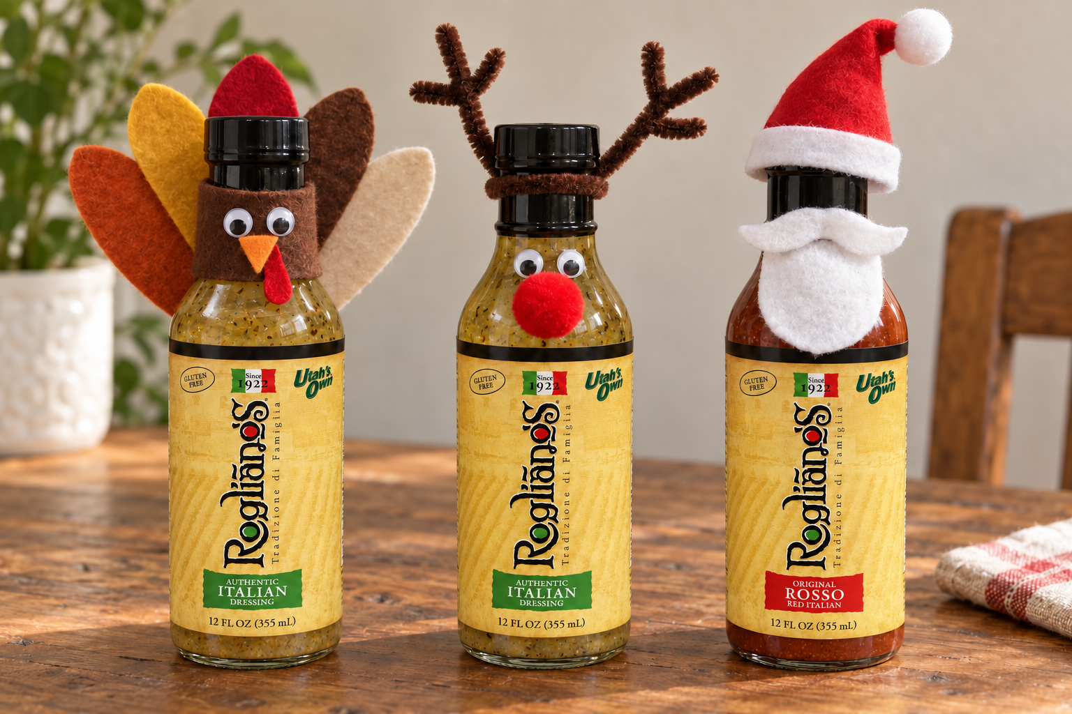 Three decorated Rogliano’s bottles: a felt-feather turkey, a Rudolph with chenille antlers and a red pom-pom nose, and a Santa with a red felt hat and white beard.