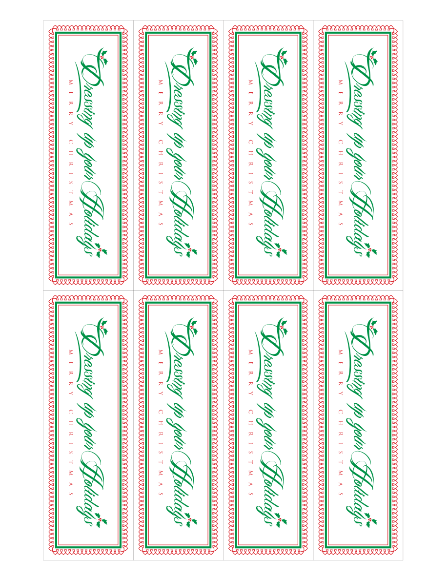 Original printable sheet of eight red-and-green Dressing up your Holidays Christmas tags.