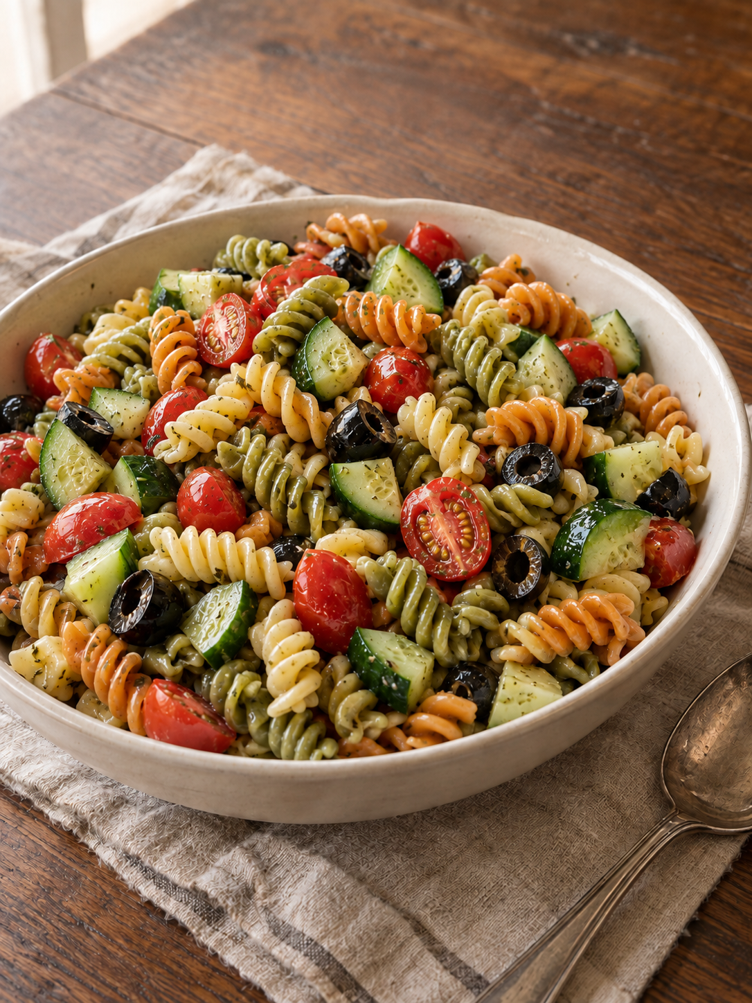 Serving illustration of tri-color rotini, cucumber, tomatoes and black olives in a cream-colored bowl.
