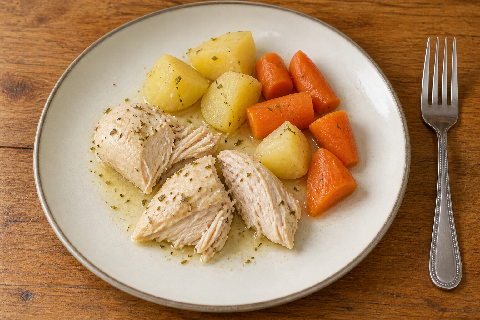 Chicken breasts with cooking juices, served with potatoes and carrots.