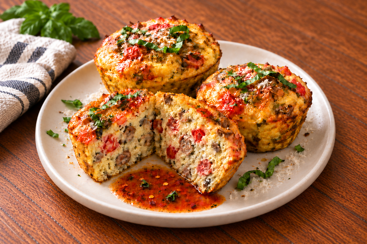 Golden Rosso egg bites with a portion cut open and Rosso dressing for dipping.